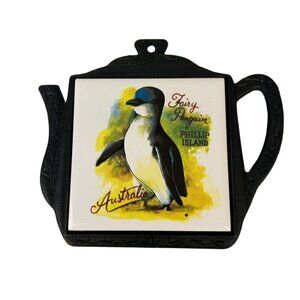 Vintage Fairy Penguin Phillip Island Australia Tile Trivet in Teapot Iron Holder